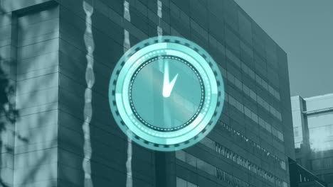 video of data processing and clock over cityscape