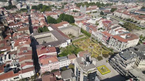 aerial orbit view beautiful santa barbara garden in braga downtown - portugal