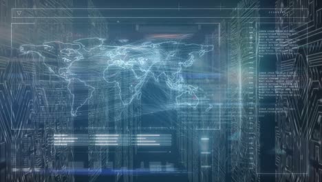 animation of world map and data processing over server room