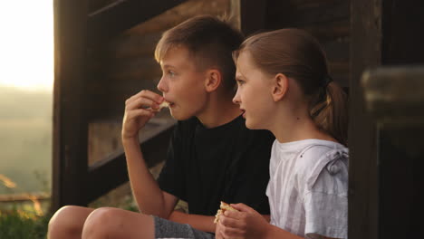 Siblings Admiring Countryside Outside House Pan around View of Boy Eating Pancake and Discussing View with Sister while Sitting Outside Wooden Cabin in Morning in Countryside