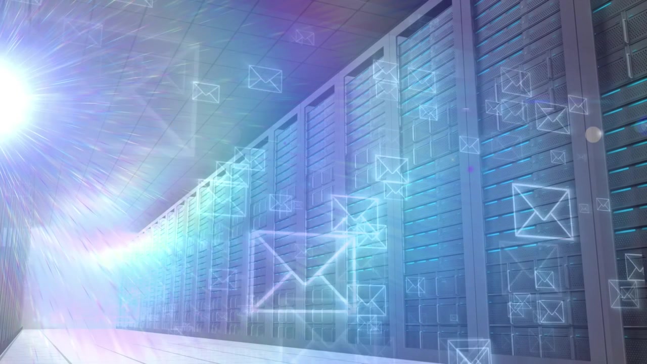 Animation of envelope icons over server room