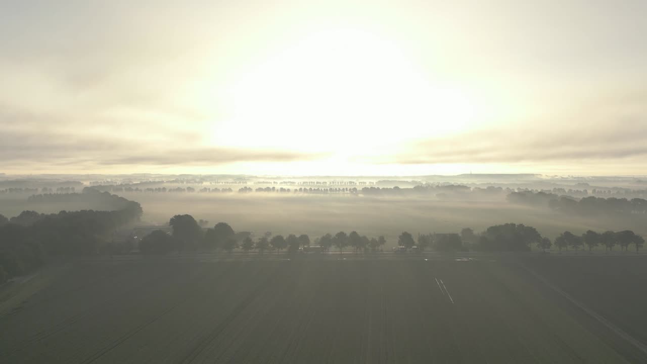 네덜란드 농경지 위의 안개가 가득한 해가 뜨고