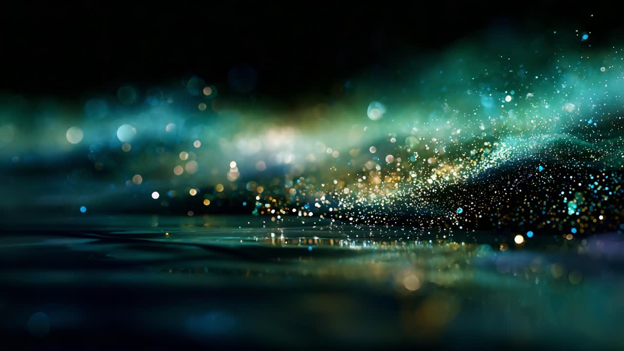 Un’immagine ipnotica di particelle scintillanti che fluttuano su uno sfondo scuro, catturando l'essenza del movimento e della luce in un affascinante spettacolo cosmico di colore e texture.