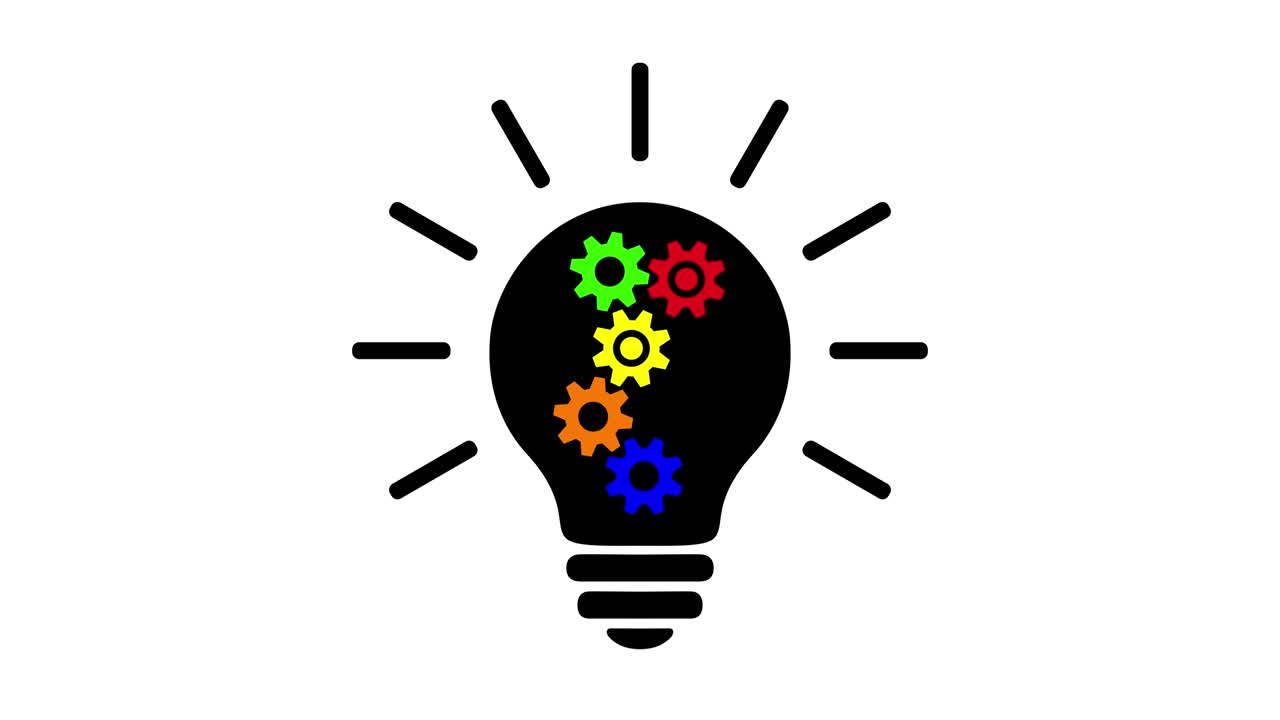 Black lamp bulb with 5 multicolored gears (cog wheels)  rotating inside, turns on and off, simple flat icon.