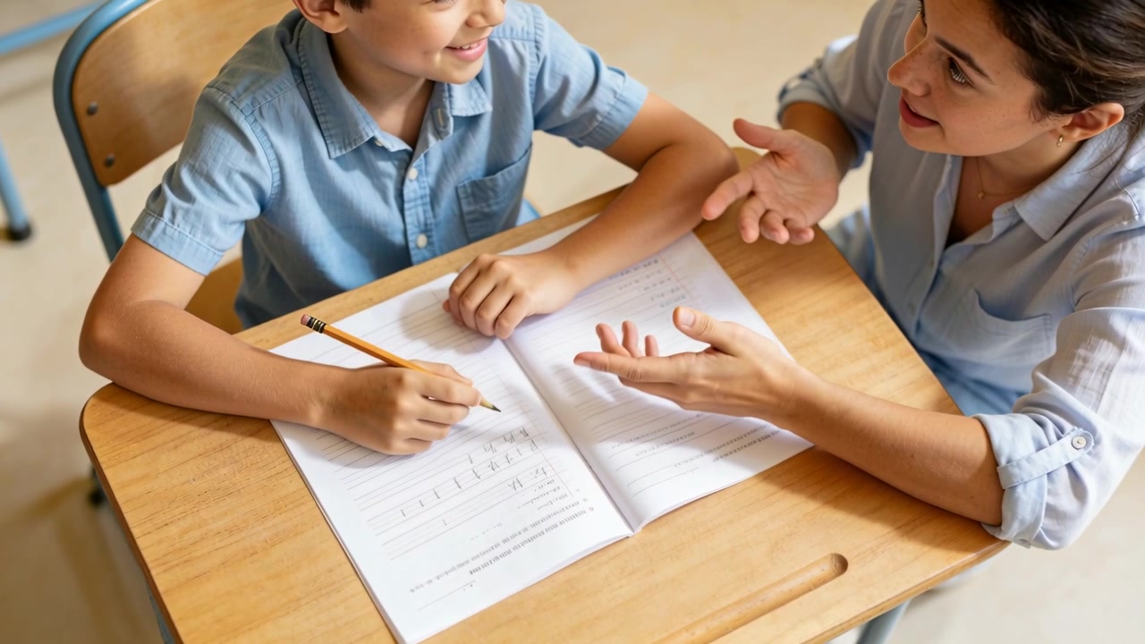 Un tutor indica e guida un ragazzo, aiutandolo a scrivere sul quaderno al banco di scuola, con una matita gialla e camicie blu.