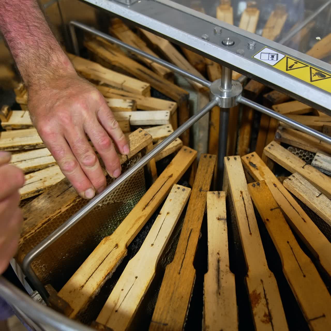Honey frames closely placed to each other inside the centrifuge machine. Apiarist's hands putting the frames inside and out