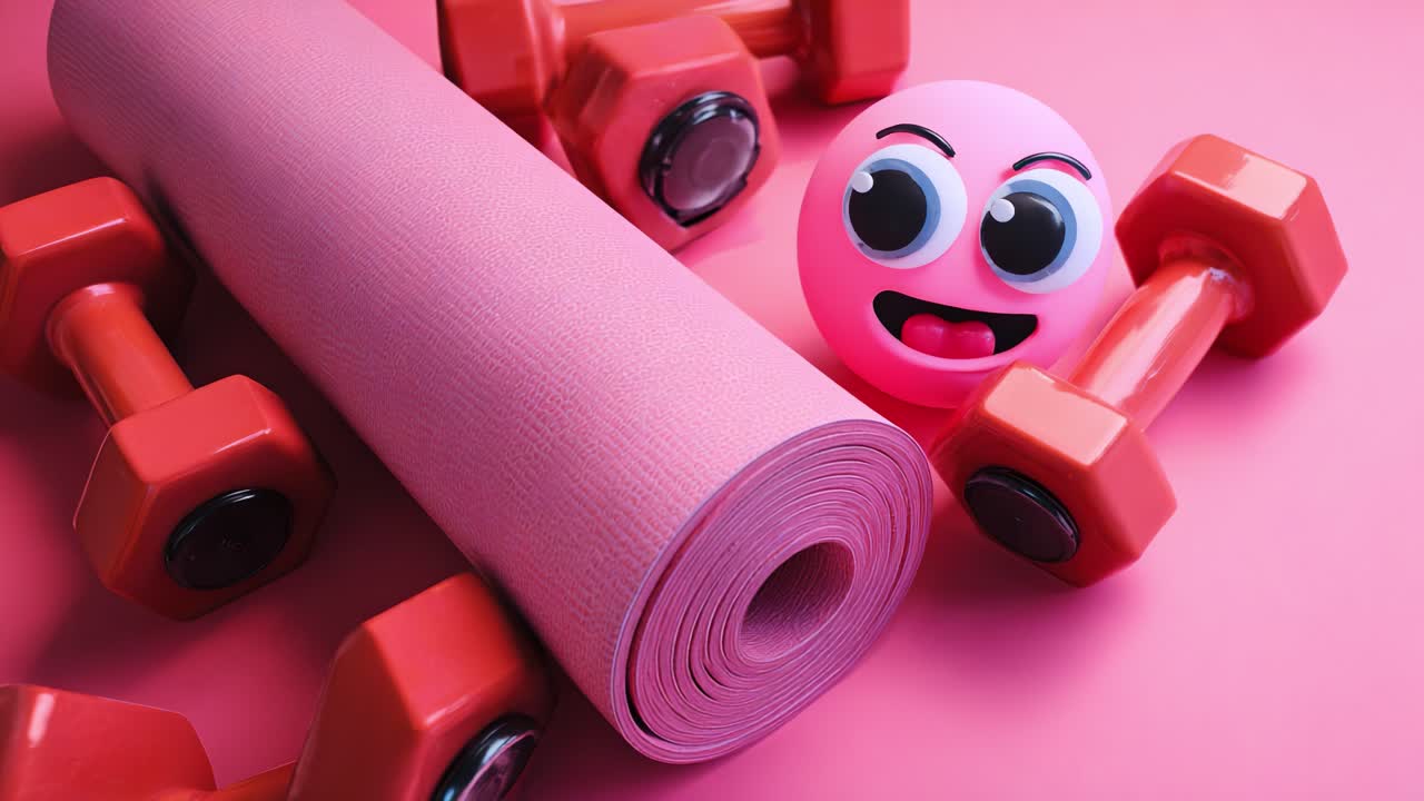 A Fun and Engaging Fitness Scene Featuring Colorful Dumbbells, a Playful Smiley Ball, and a Yoga Mat, Perfectly Arranged on a Vibrant Pink Background for Inspiring Motivation