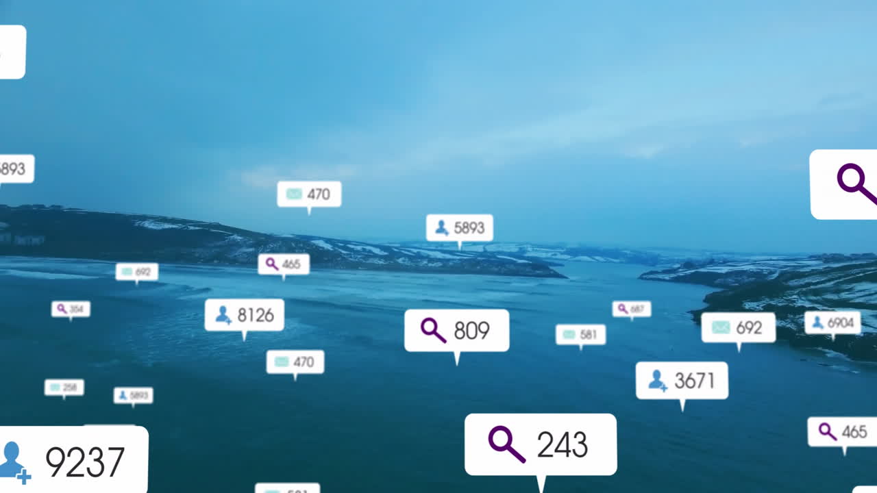 Social media engagement icons animation over serene lake and mountain landscape