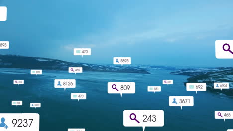 íconos de participación en las redes sociales animación sobre un lago sereno y un paisaje montañoso