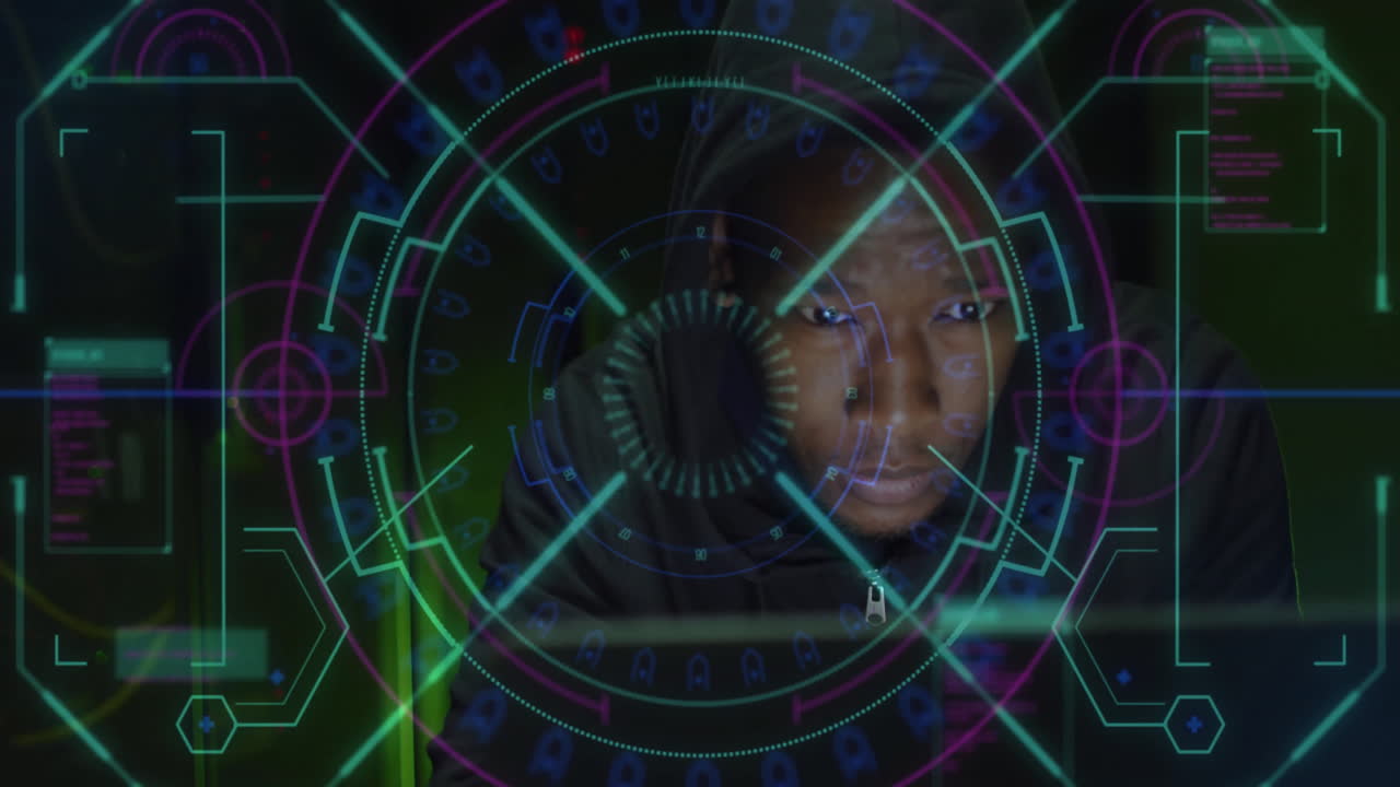 animación de escaneo de alcance sobre hacker masculino biracial usando una computadora portátil