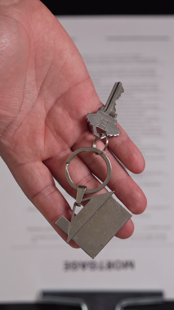 Detailed close-up vertical video of a hand holding a shiny new house key on a keychain, symbolizing the excitement of buying a home. Perfect for mobile and social media use