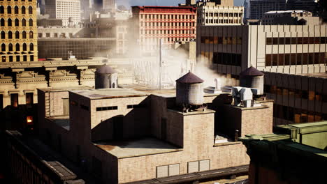 aerial view of a cityscape with rooftop water tanks