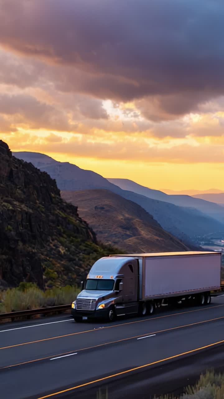Un camion percorre una tortuosa strada di montagna, mostrando la bellezza del tramonto sotto il cielo spettacolare e il paesaggio aspro, evidenziando la natura e il trasporto