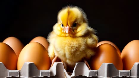 a small yellow chicken sitting on top of a carton of eggs