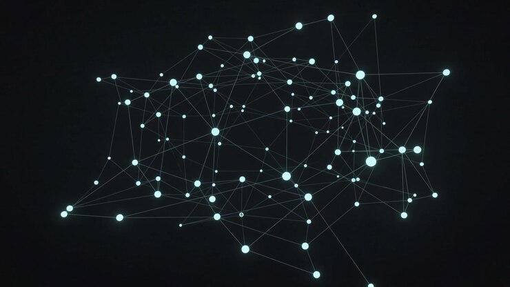 Responding to signal pulse, floating node network expanding in black void, adding nodes, links