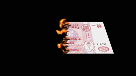 burning moldovan 50 lei banknote