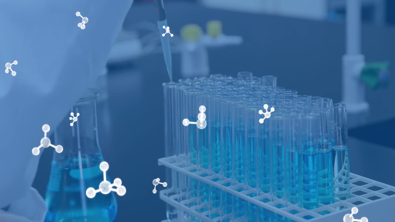 실험실에서 시험 튜브를 들고 있는 백인 과학자 위의 분자의 애니메이션
