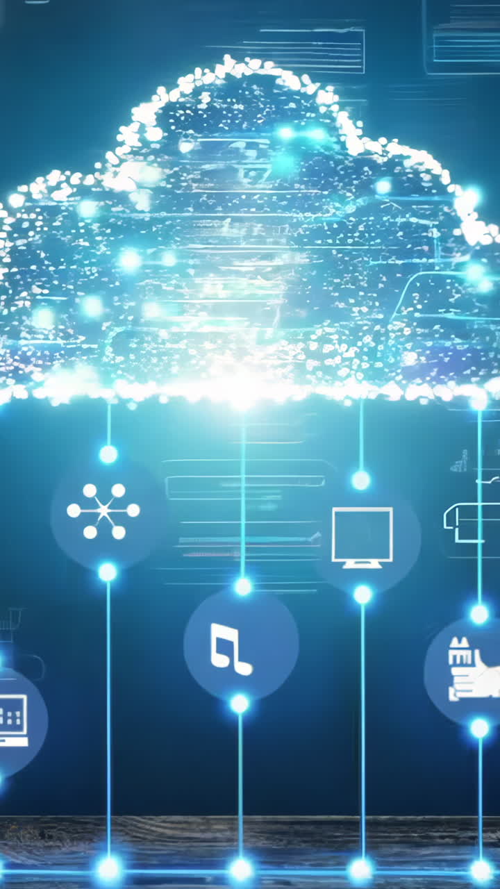 A cloud of technology is displayed with a variety of icons including a shopping cart, a tablet, and a laptop