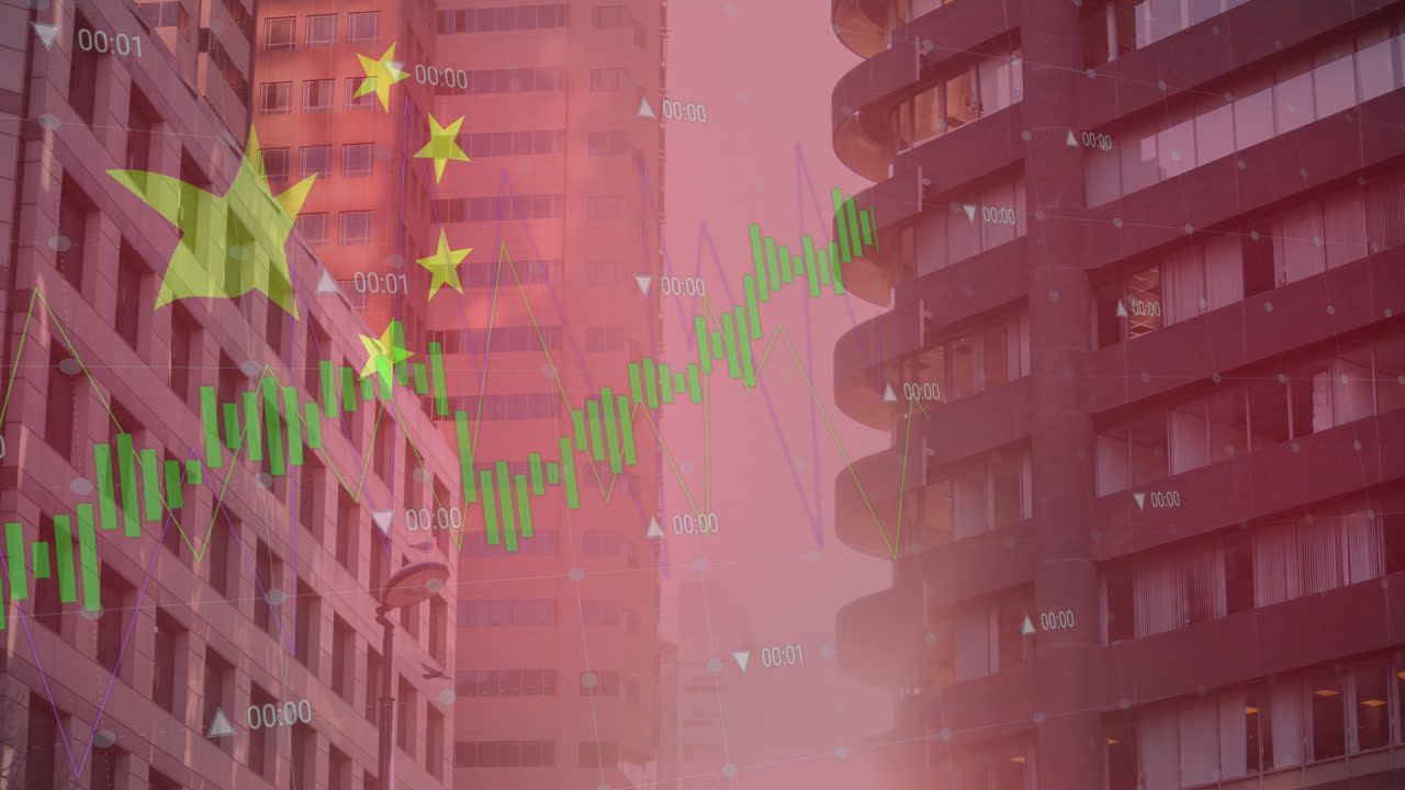 Animação da bandeira da China e processamento de dados sobre uma paisagem urbana.