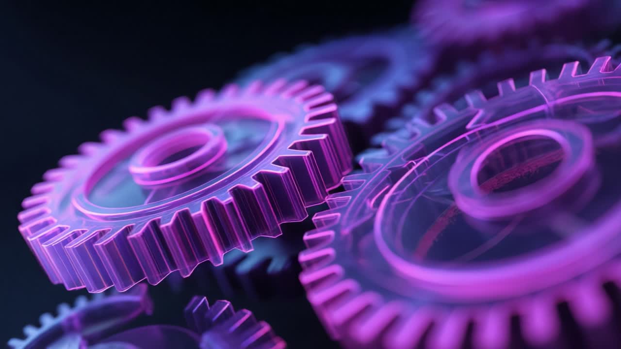 Futuristic purple glowing glass gears rotating together in a seamless loop, representing a conceptual industrial machine, technology, teamwork, and innovative engineering on a dark background