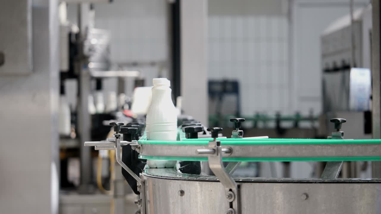 우유 회사에서 생산 라인에서 우유 병의 영상