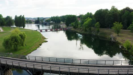 Aerial-View-Of-The-Old-Wooden-Bridge-of-Karlovac-in-Croatia