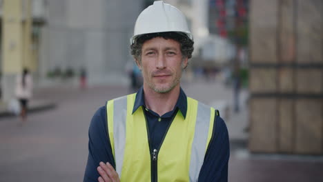 portrait successful mature engineer man arms crossed looking confident enjoying construction industry career wearing safety helmet in city slow motion