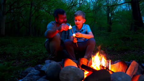 father and son roasting marshmallows by a campfire in the forest