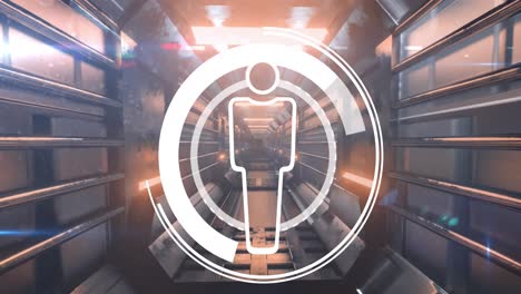 animation of male icon in circles over lens flares against futuristic tunnel in background