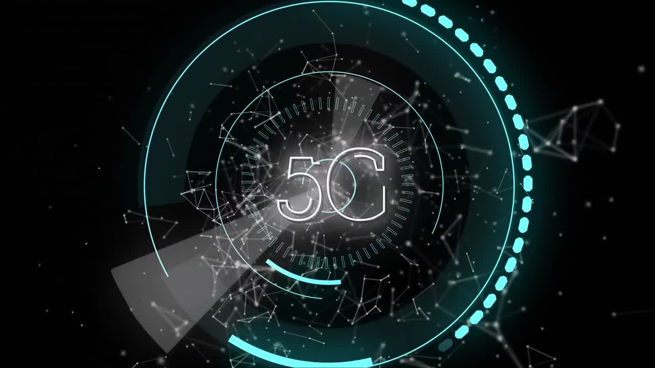 linee asimmetriche e 5g scritti nel mezzo di un cerchio futuristico
