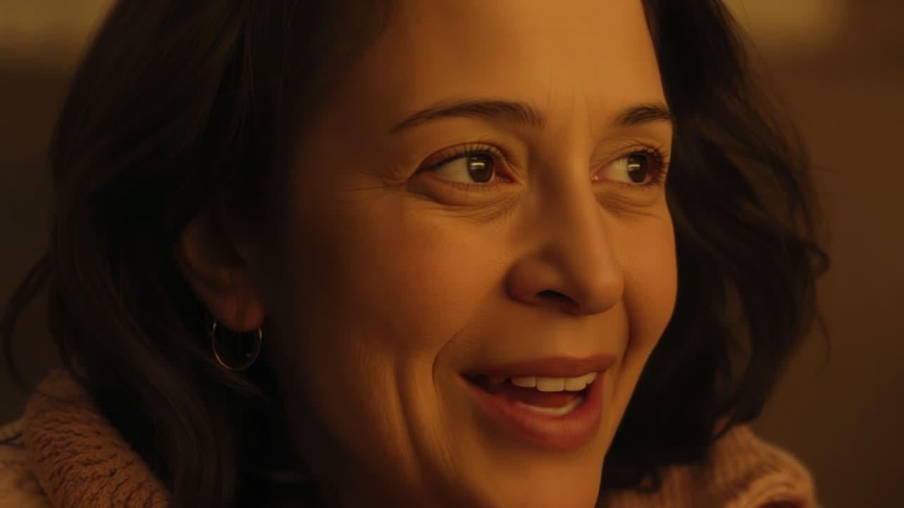 Responding to off-screen question, woman smiling, speaking at home wearing fuzzy collar and hoops