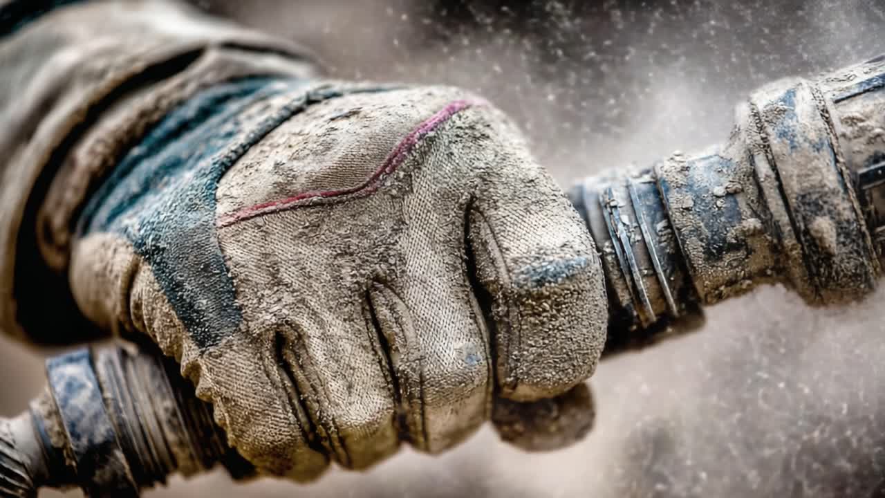 A Close-Up of a Worker’s Dirty Gloved Hand Gripping a Metal Pipe, Showcasing the Texture and Wear from Labor in an Industrial Environment