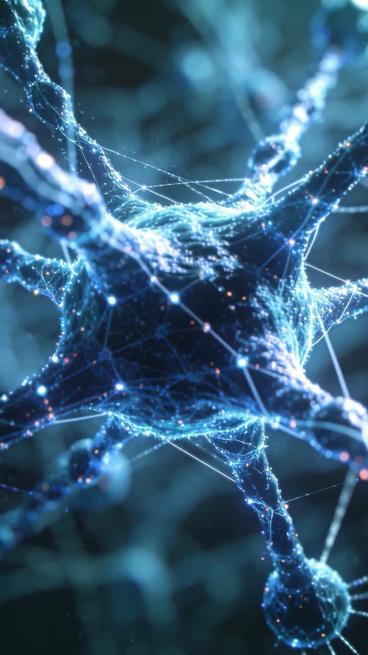 Vertical video: Moving camera pushing central soma pulsing signals across neural net with lit nodes