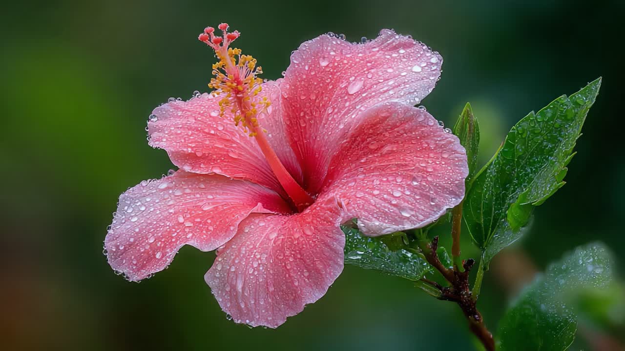 Un primo piano mozzafiato di un fiore di ibisco rosa rugiadoso che mostra i suoi splendidi petali e le foglie verdi e lussureggianti in un ambiente naturale vibrante