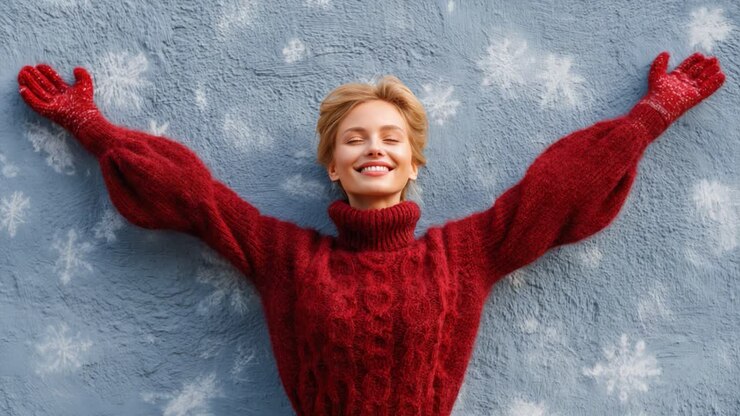 Sorrisi gioiosi e texture vivaci: giovane donna in un comodo maglione che incarna lo spirito invernale su uno sfondo gelido