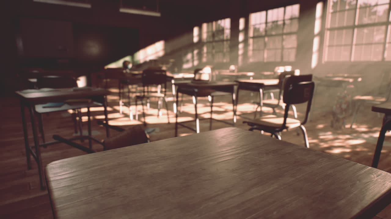 ver el aula con mesas y pequeñas pizarras y paredes sucias