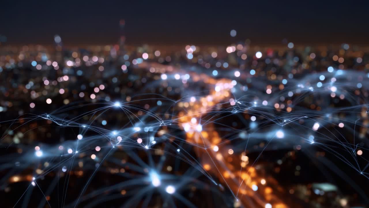 A Stunning Visualization of Urban Connectivity with Networks of Light Over a Cityscape at Night, Highlighting the Interconnected Nature of Modern Technology