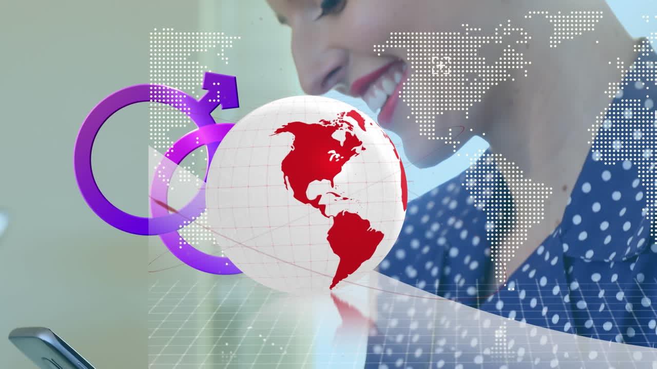 animación de iconos de género y globo sobre mujer caucásica usando teléfono inteligente.