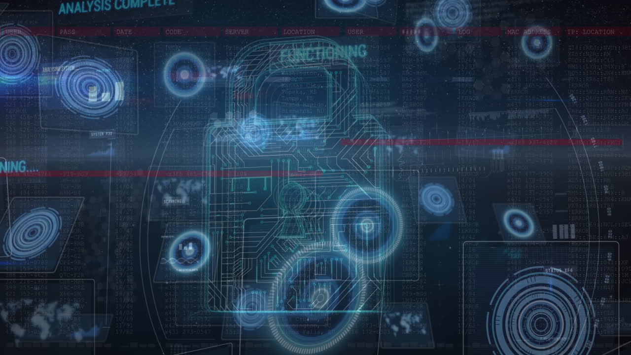 Animation of digital interface with security padlock over dark background