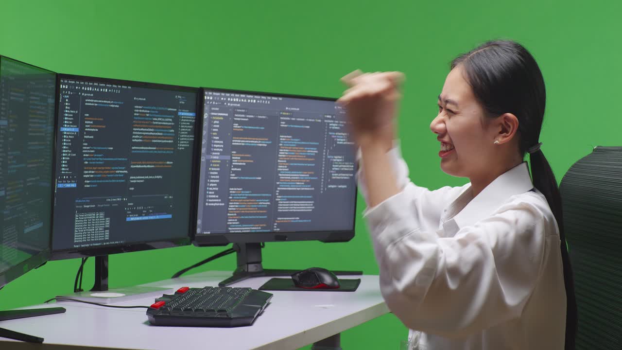 Woman celebrating coding success