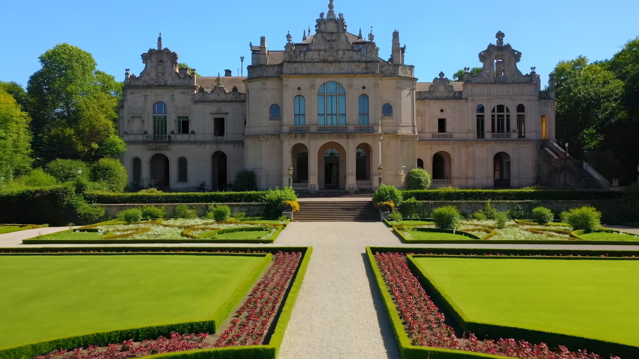 Sunlit Historic Villa With Formal Gardens Showcasing Manicured Lawn, Central Gravel Pathway Leading To Ornate