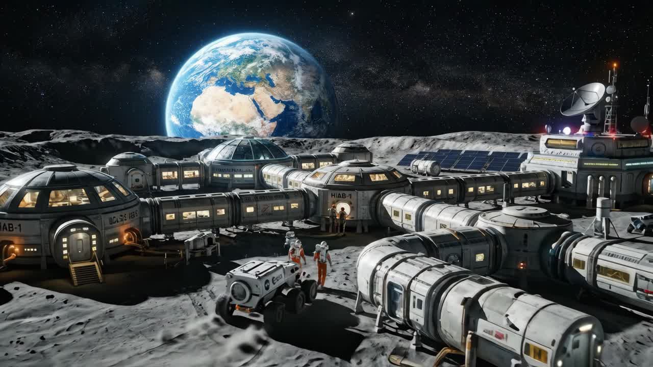 Astronauts Explore a Futuristic Lunar Base with Earth in the Background