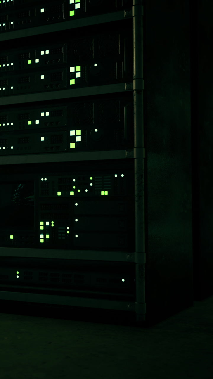 Server rack with blinking lights in a dark room during evening hours