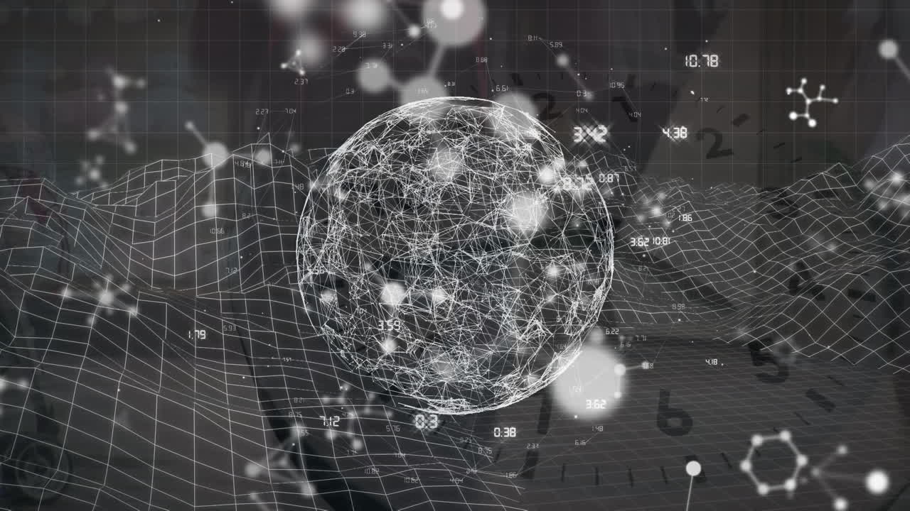 분자 구조와 회전하는 지구의 애니메이션과 회색 배경의 메타버스 구조