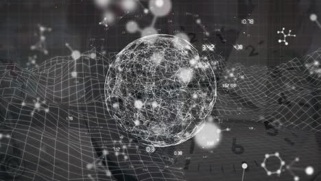 animación de estructuras moleculares y globo giratorio contra estructuras del metaverso en fondo gris