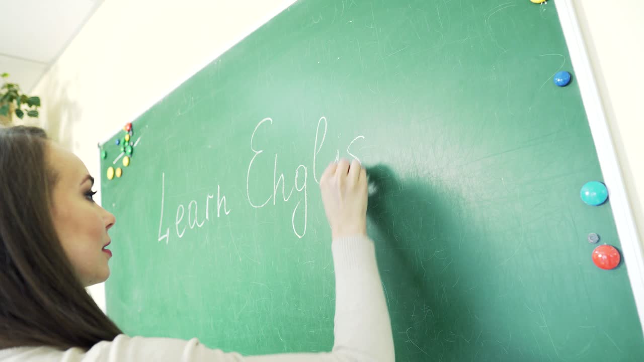 Learn English confident beautiful woman teacher chalk blackboard