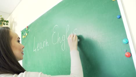 learn english confident beautiful woman teacher chalk blackboard