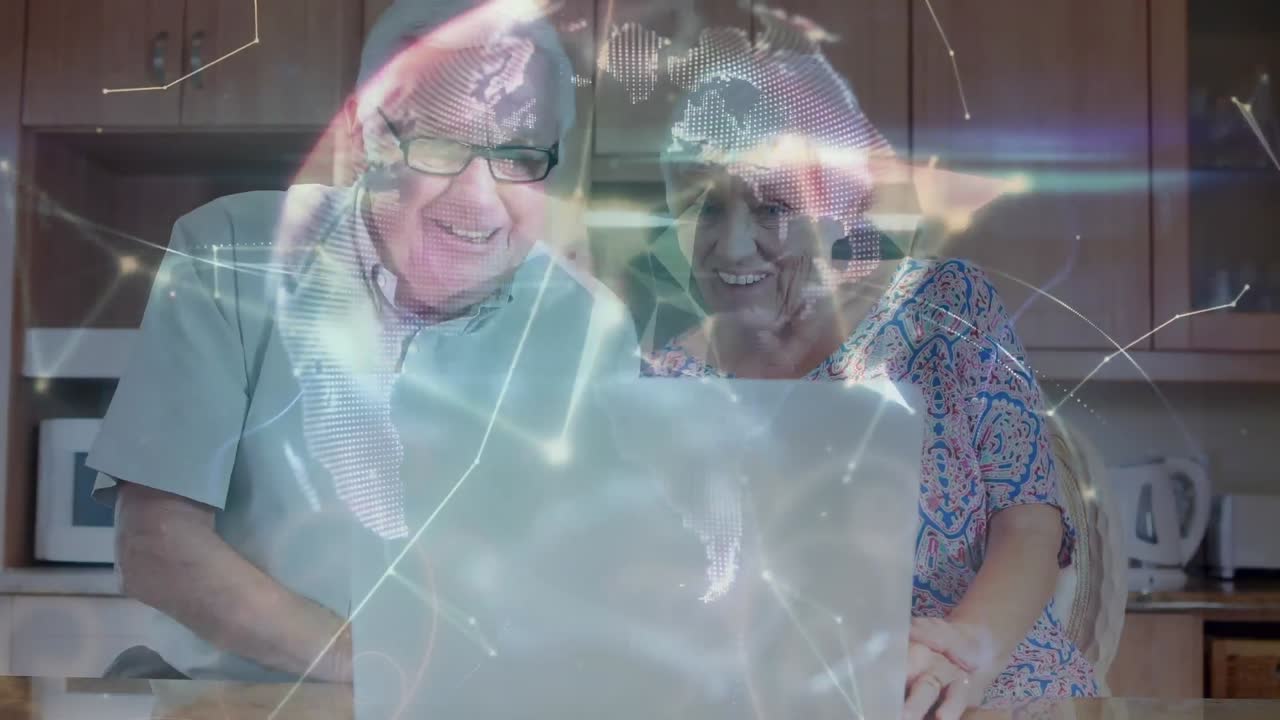 animación de redes de conexiones a través de una pareja mayor utilizando una computadora portátil