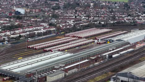 neasden london underground train depot, train yard in london, england. - aerial shot