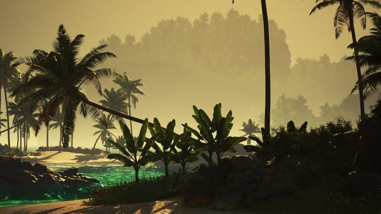 Serene tropical landscape with lush plants and distant mountains at sunset